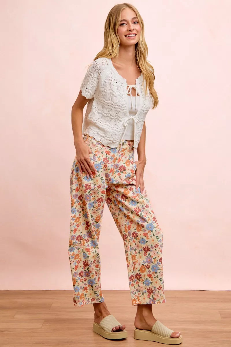 BiBi Washed Floral Printed Twill Barrel Pants Trendsi