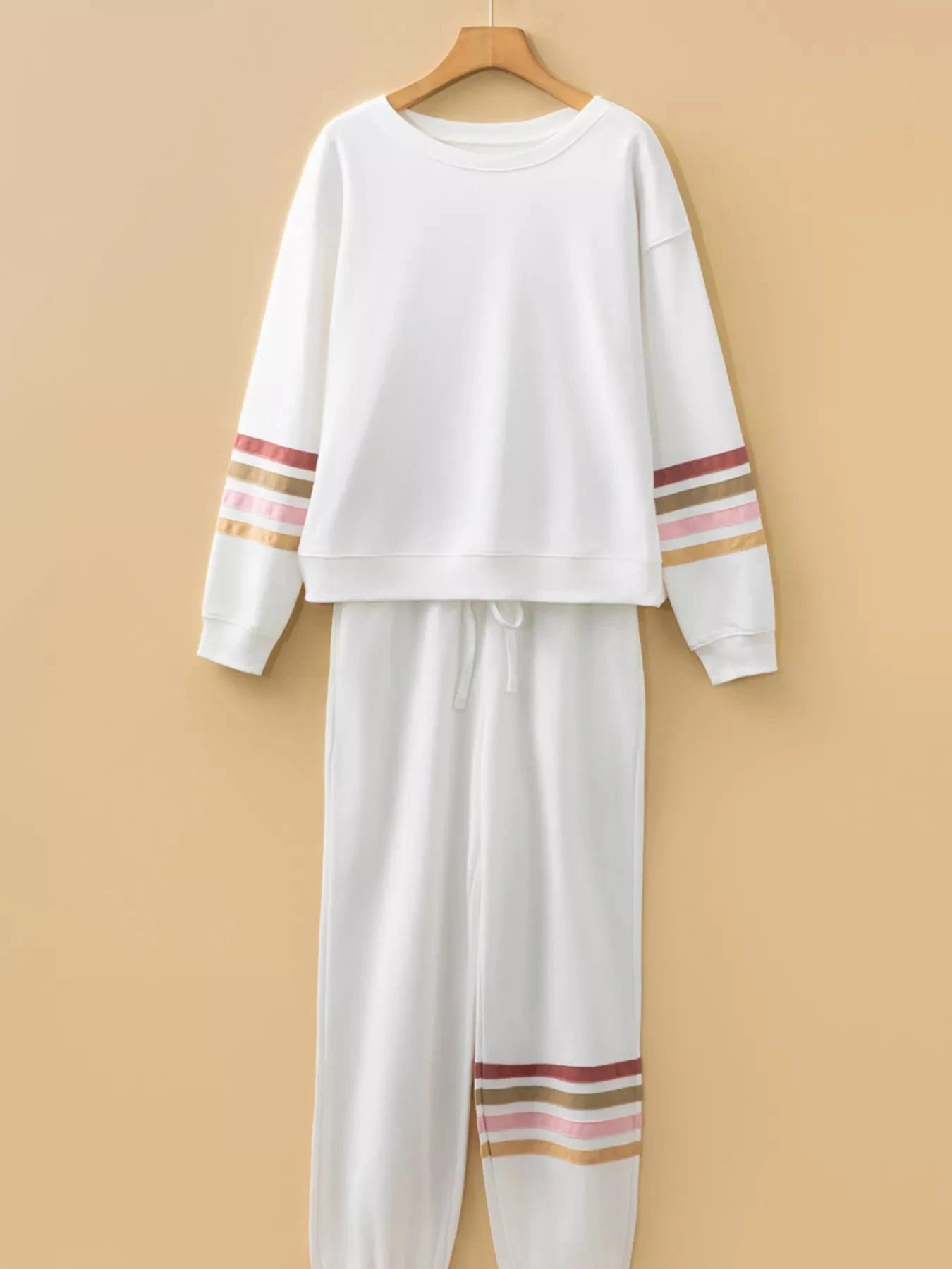 Striped Trim Round Neck Top and Pants Set