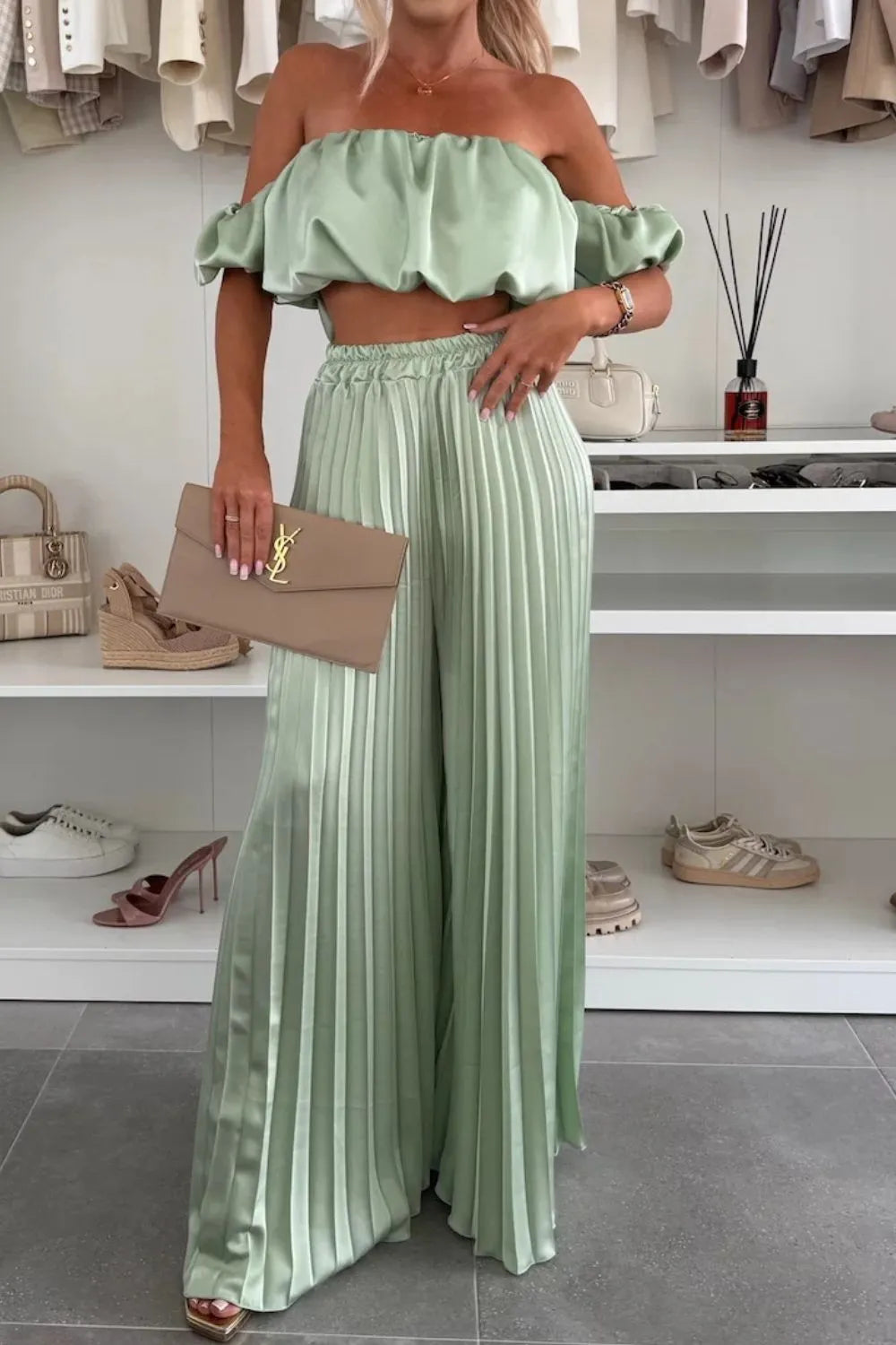 Off-Shoulder Top and Pleated Pants Set Luckygirlsclothingcompany.com