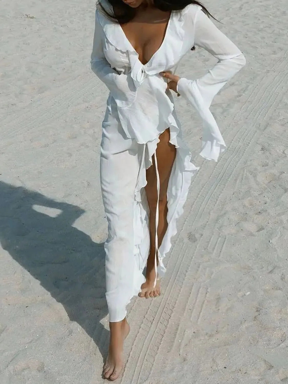 Ruffled Long Sleeve Cover-Up Dress Trendsi