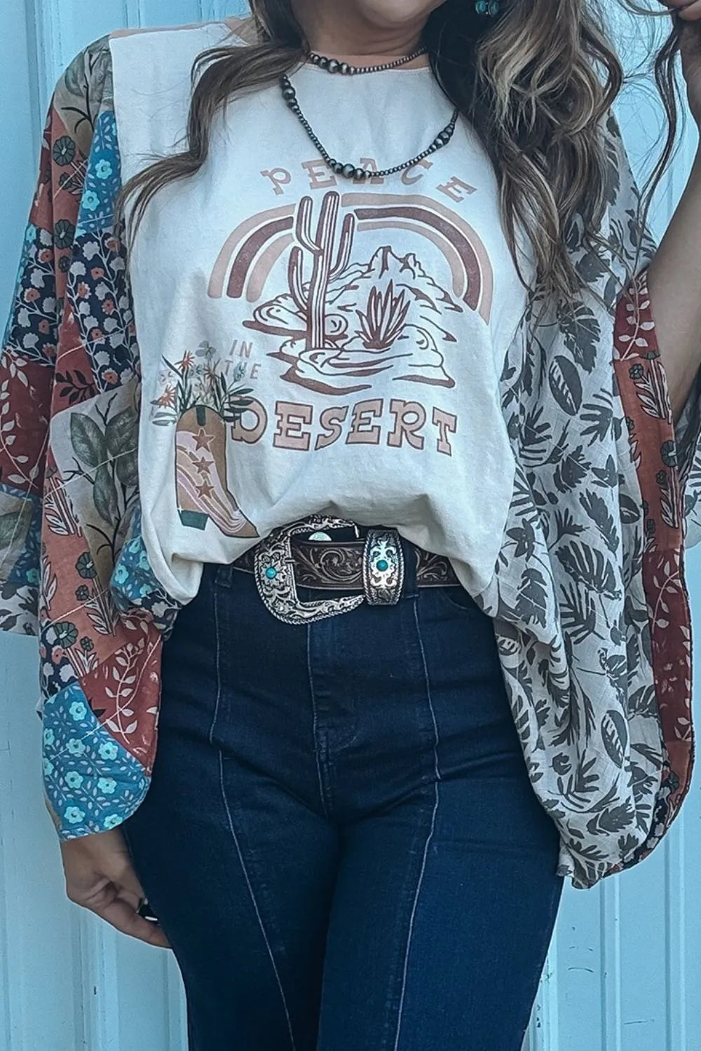 Peace Desert Graphic Asymmetric Printed Patchwork Sleeve Top