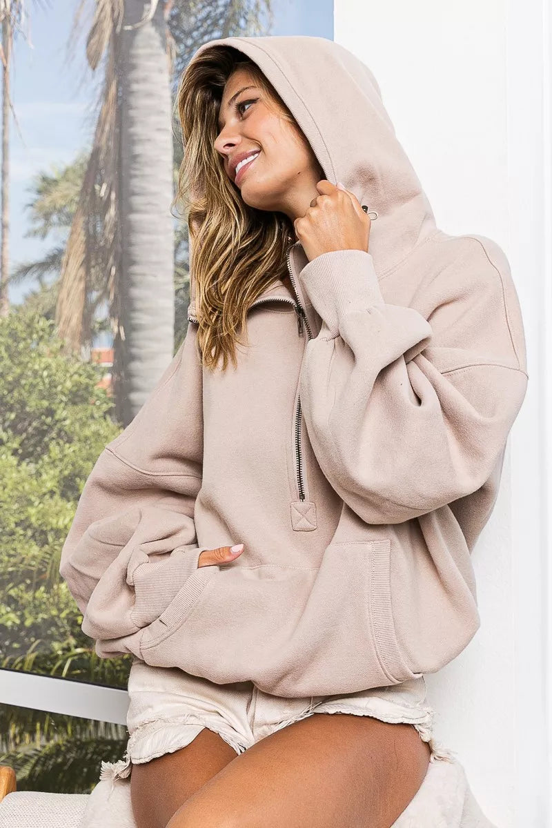 BiBi Stitch Detailed Elastic Hem Half Zip Fleece Hoodie Trendsi