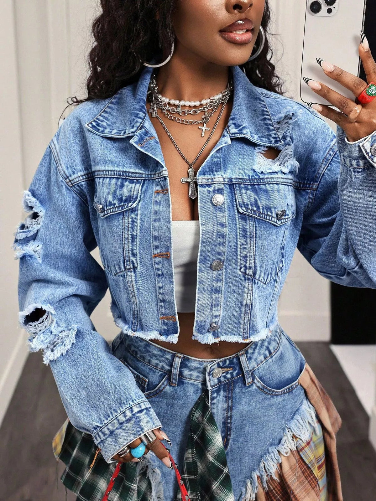 Distressed Cropped Denim Jacket Trendsi
