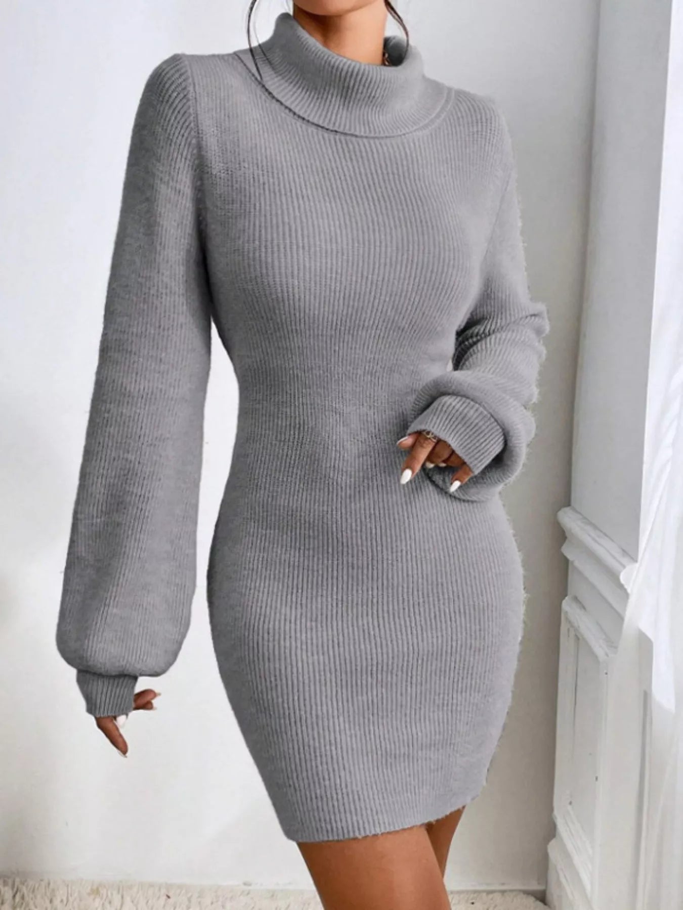 Turtleneck Ribbed Knit Sweater Dress Trendsi