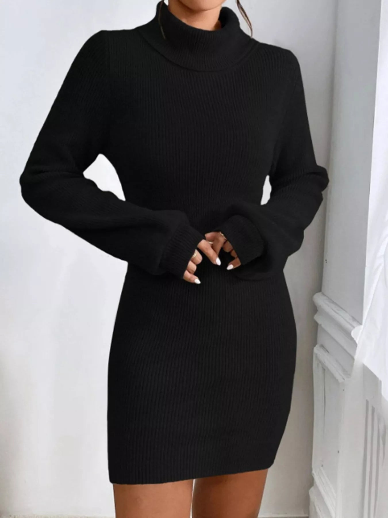 Turtleneck Ribbed Knit Sweater Dress Trendsi