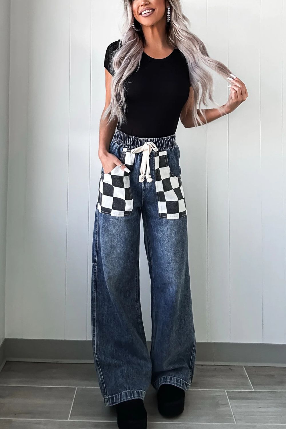 Checkered Wide Leg Jeans Trendsi