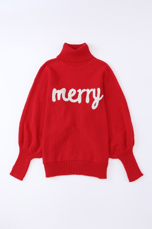 Christmas Merry Embroidered Puff Sleeve Turtleneck