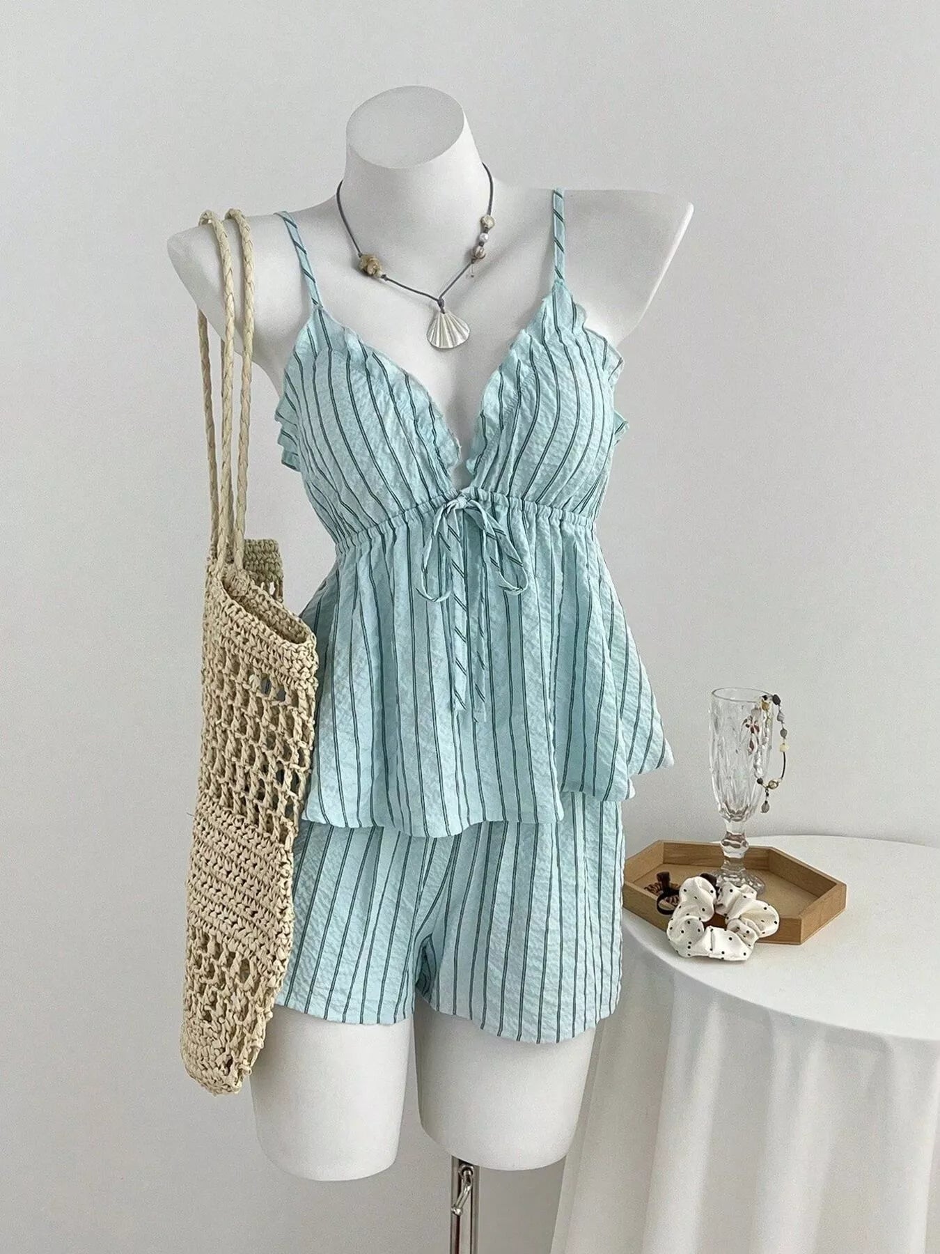 Tie Front Striped Cami and Shorts Set Trendsi