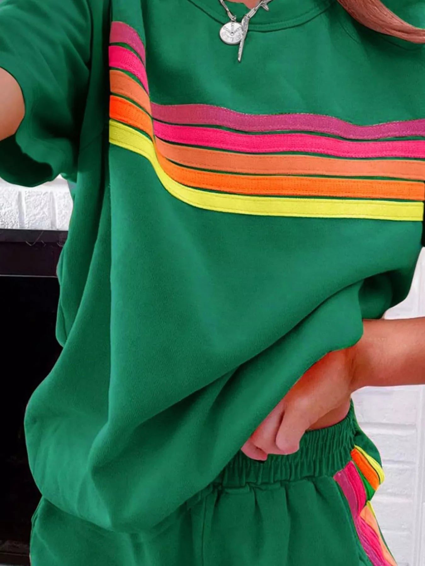 Rainbow Striped Round Neck Top and Shorts Set Trendsi