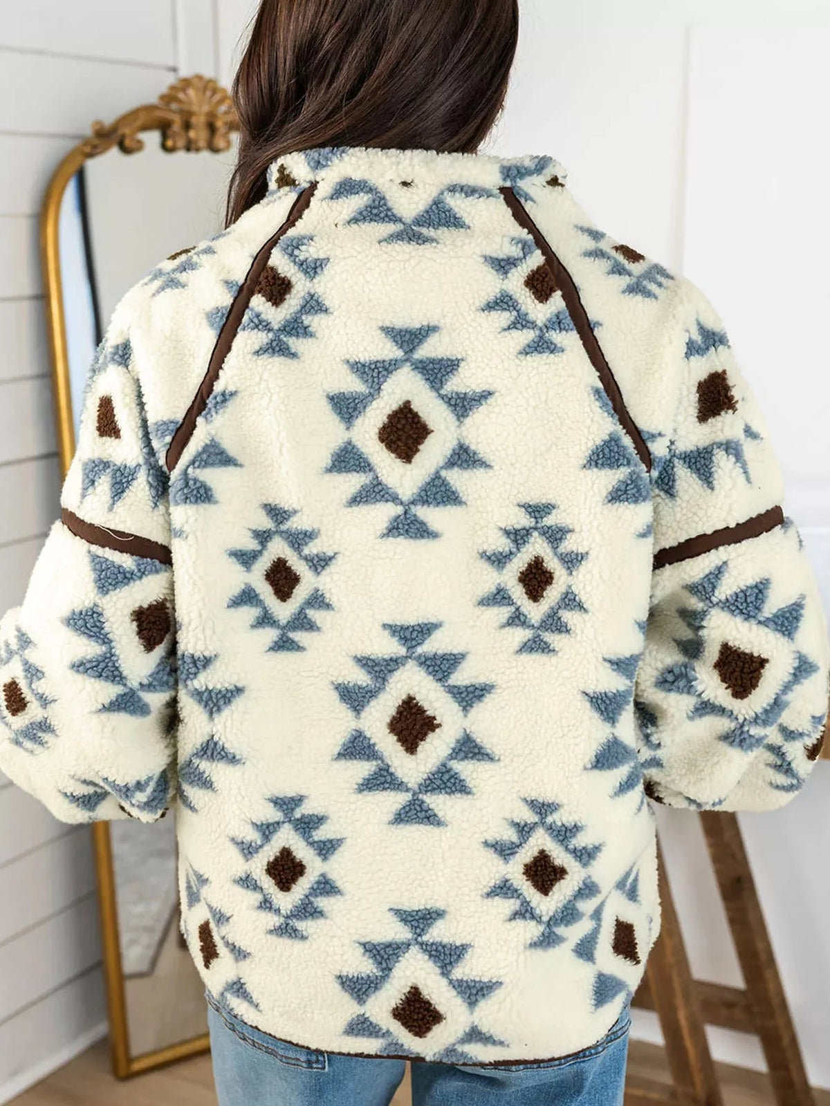Geometric Print Sherpa Western Style Long Sleeve Sweatshirt Trendsi