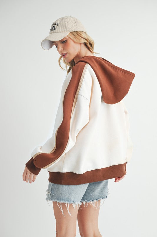 Aemi + Co Color Block Kangaroo Pocketed Hoodie Trendsi