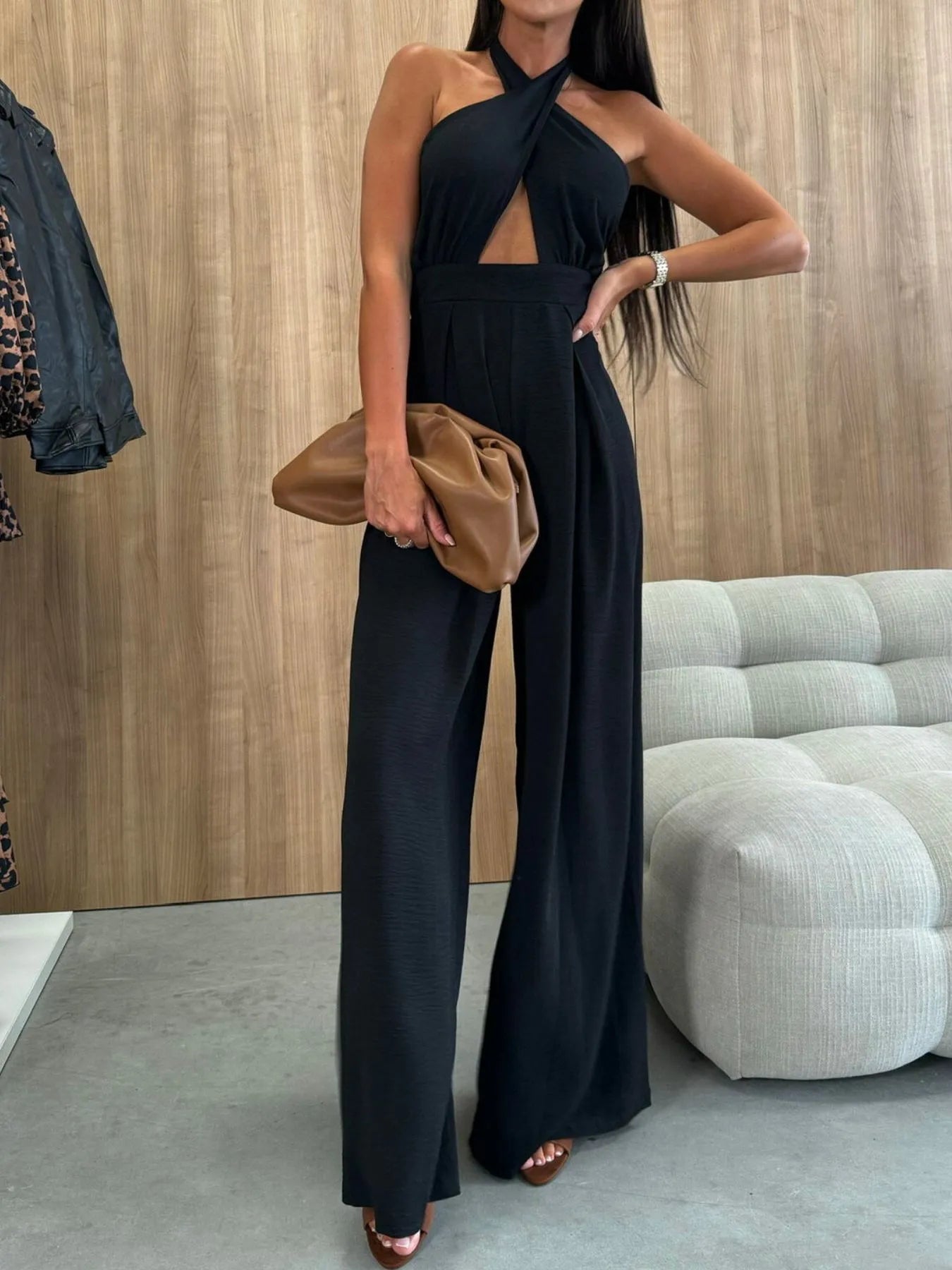 Wide Leg Cutout Halter Neck Jumpsuit Trendsi