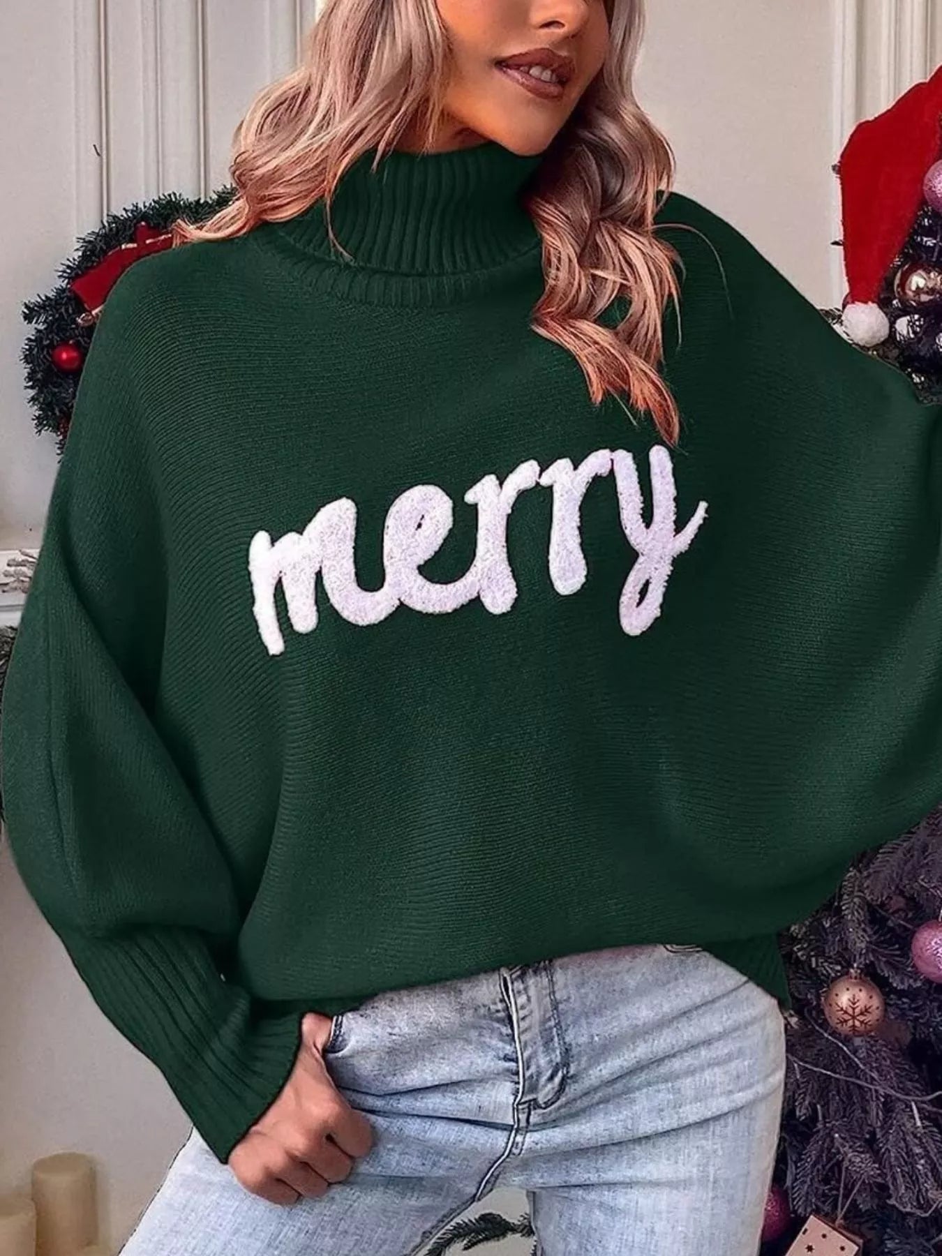Merry Turtleneck Long Sleeve Christmas Sweater Trendsi