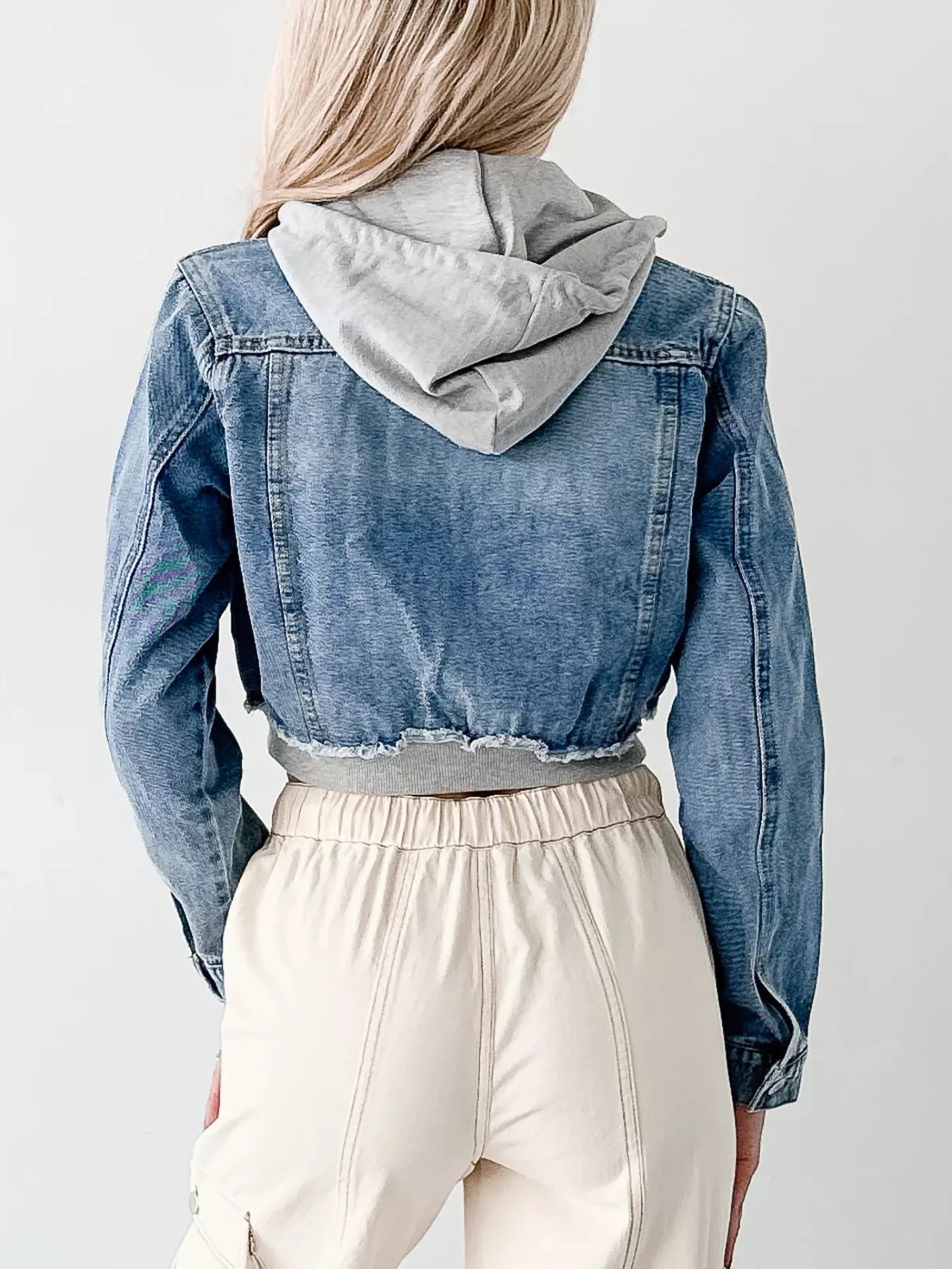 Distressed Zip Up Cropped Hooded Denim Jacket Trendsi