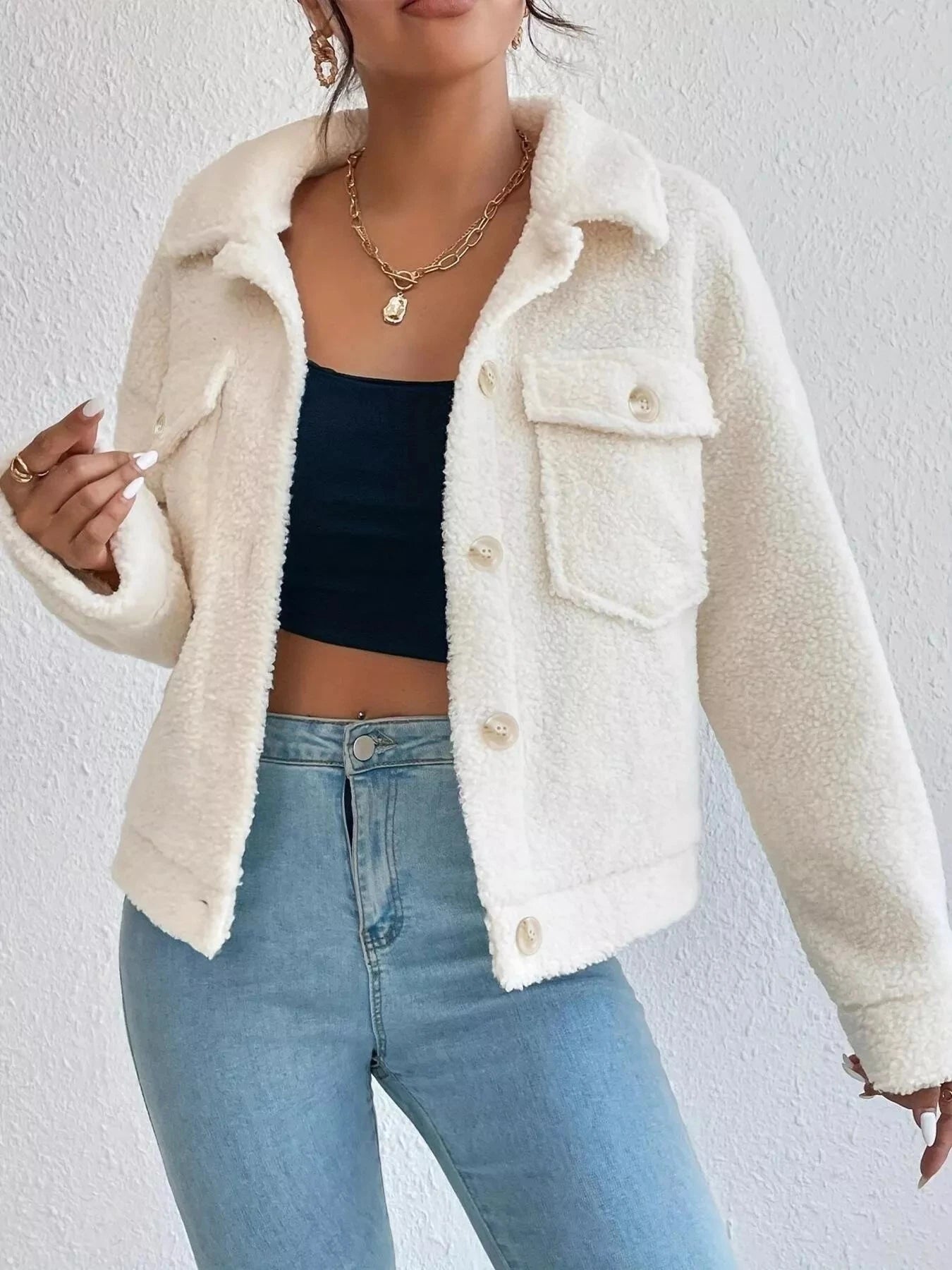 Full Size Cozy Faux Shearling Button-Up Jacket Plus Size Trendsi