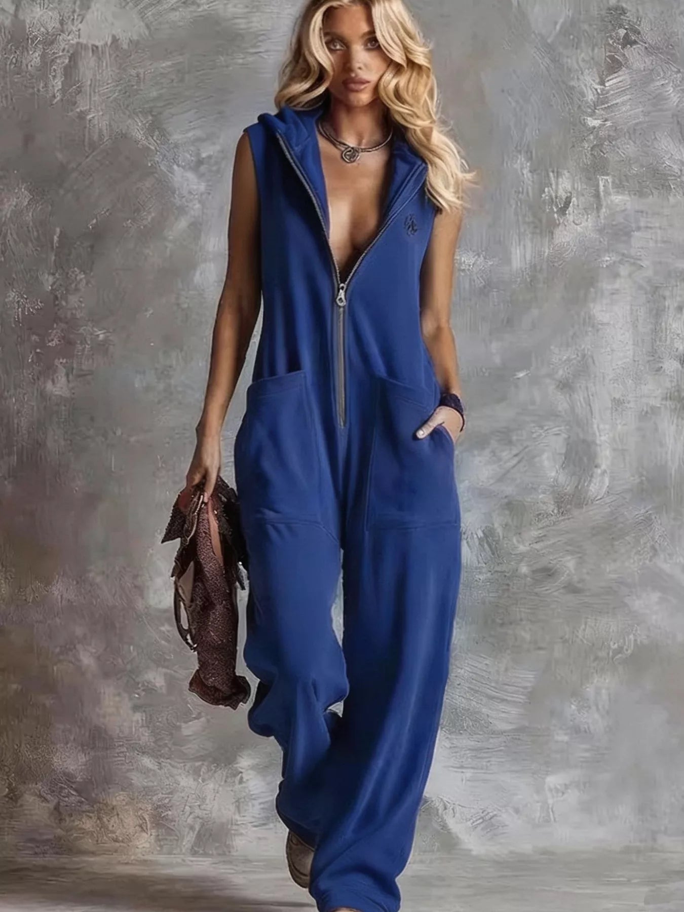 Sleeveless Hooded Zip-Front Casual Jumpsuit Trendsi