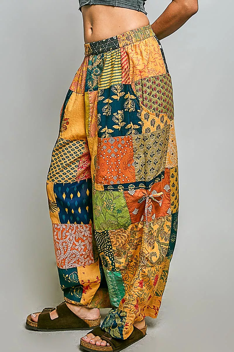 POL Printed Patchwork Wide Leg Pants with Adjustable Side Drawstring Trendsi