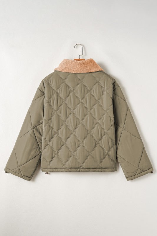 Teddy Collar Flap Pockets Quilted Puffer Jacket