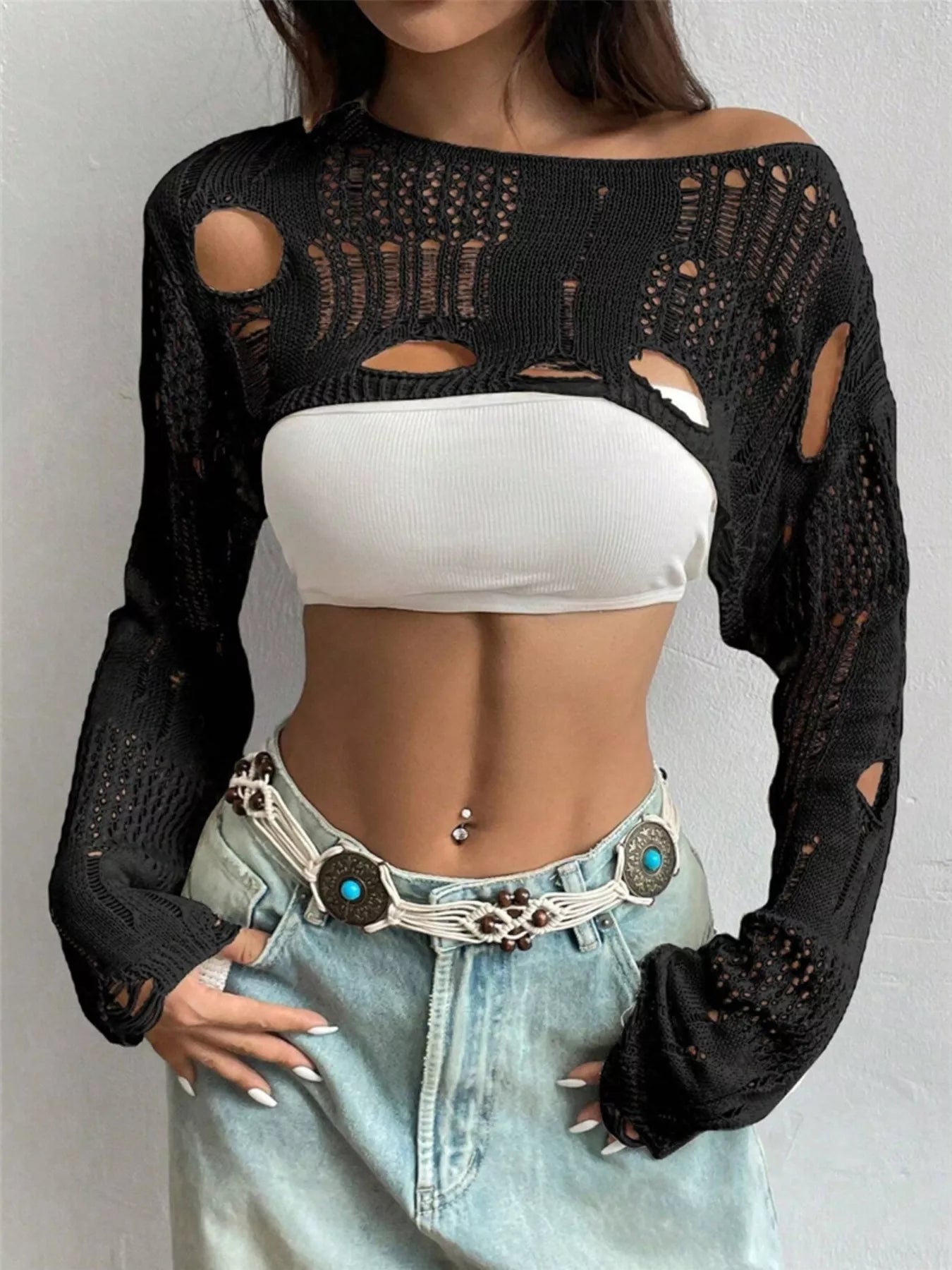 Distressed Cropped Knit Cover Up Trendsi
