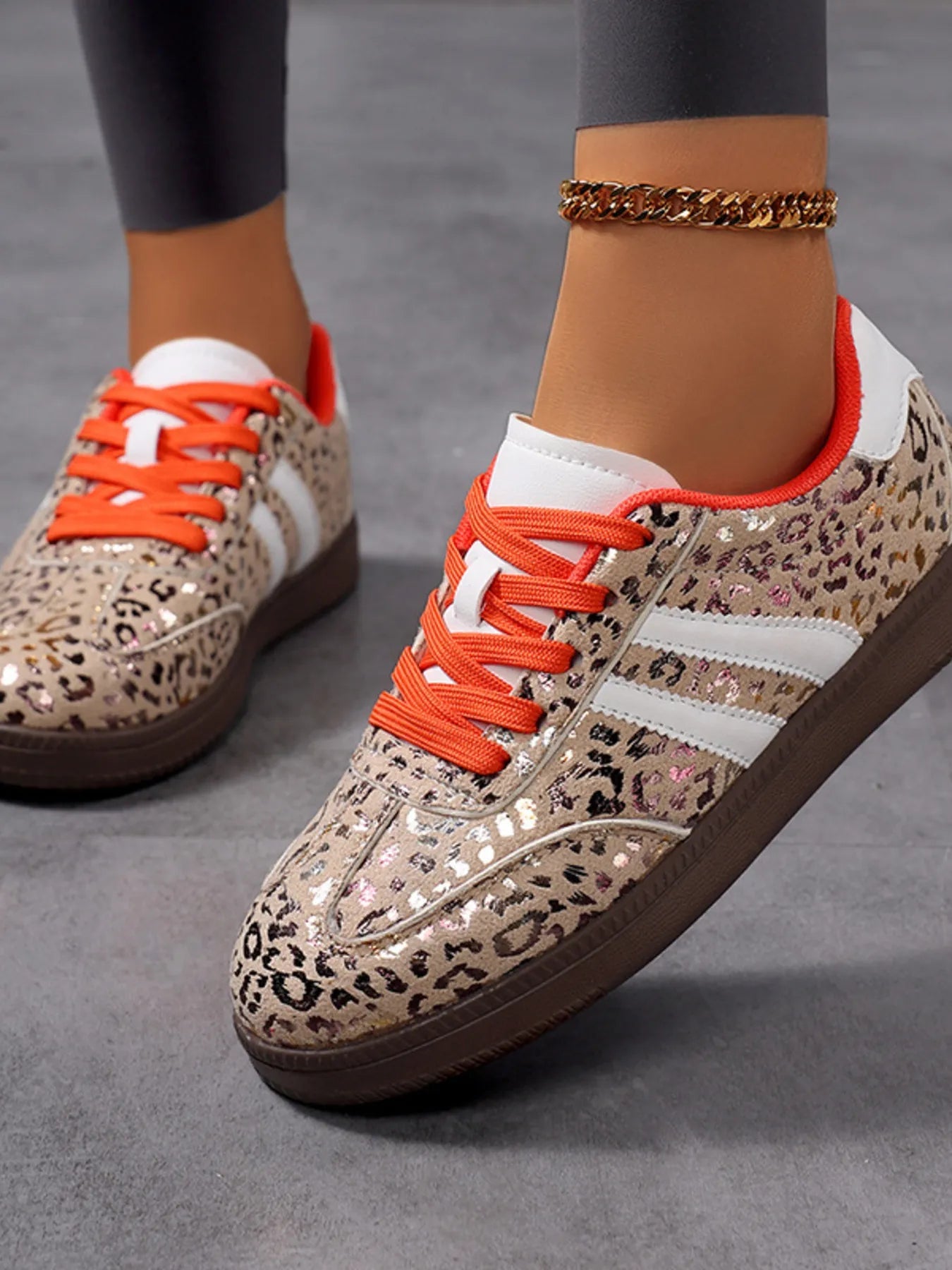 Leopard Print Stripe Detail Lace-up Sneakers Trendsi