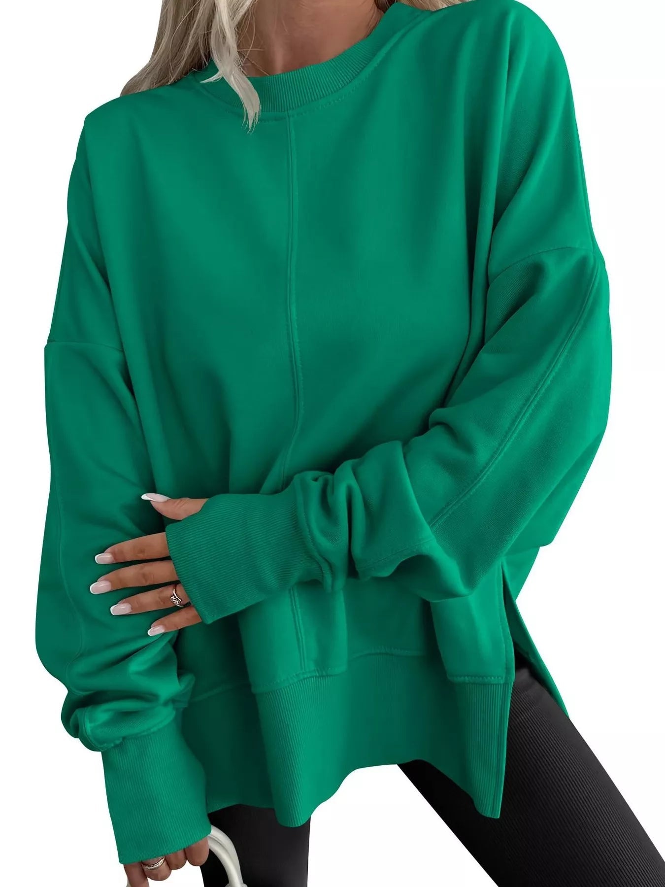 Side Slit Round Neck Long Sleeve Sweatshirt