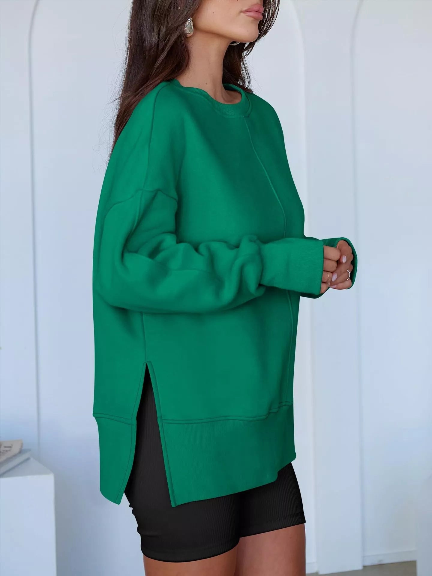 Side Slit Round Neck Long Sleeve Sweatshirt