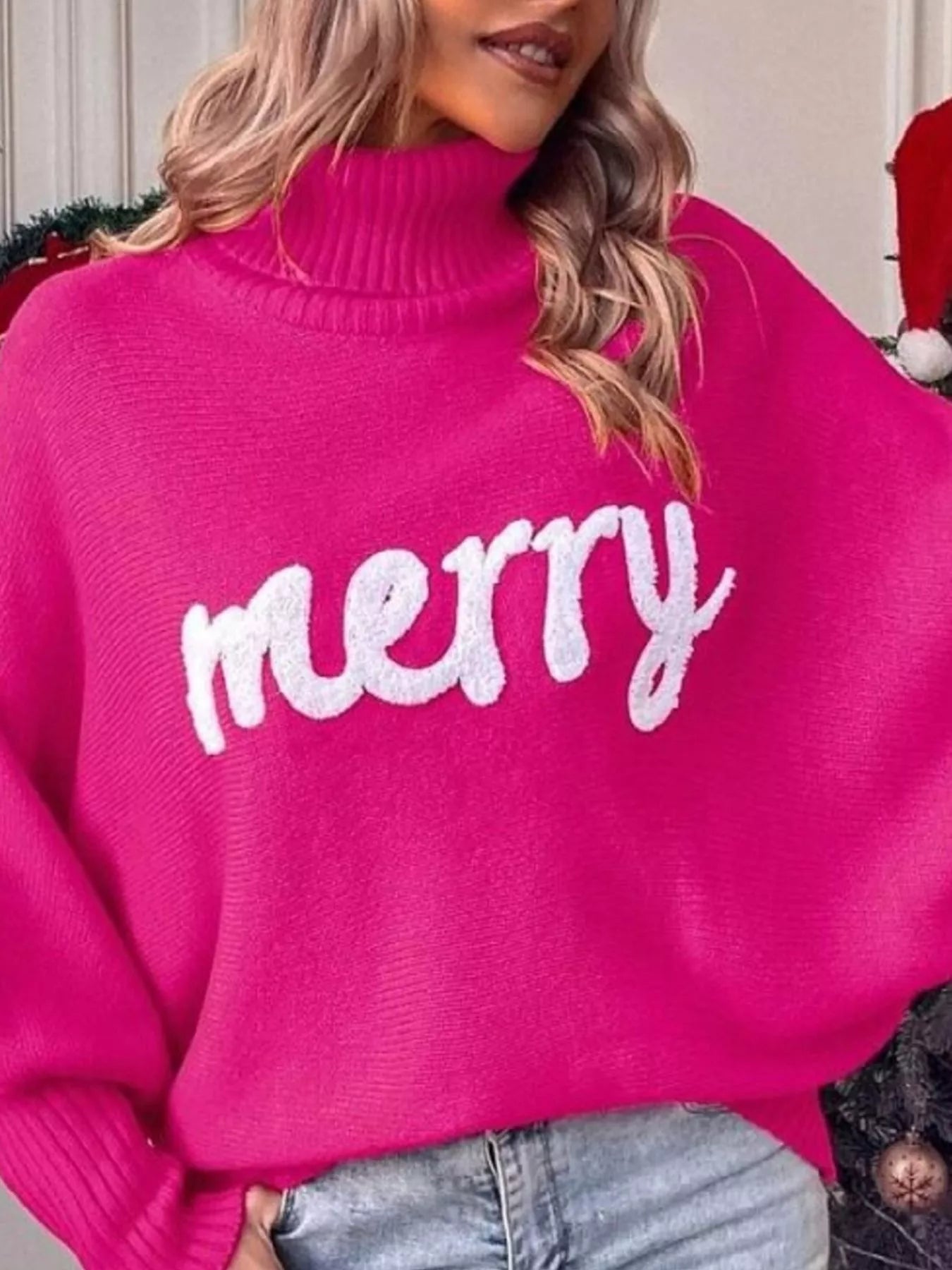 Merry Turtleneck Long Sleeve Christmas Sweater Trendsi