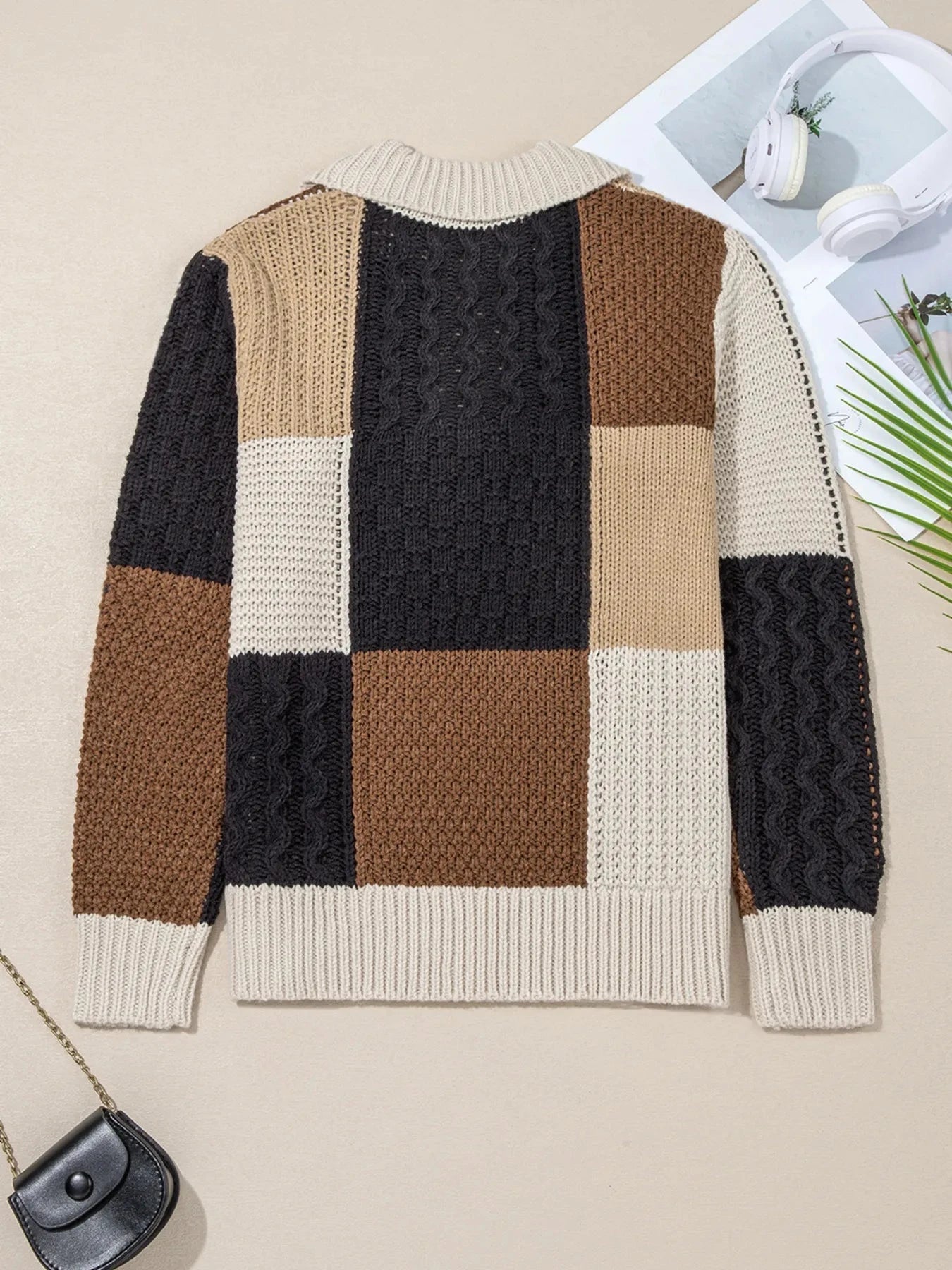 Multicolour Color Block Cable Knit Sleeve Buttons Collared Sweater