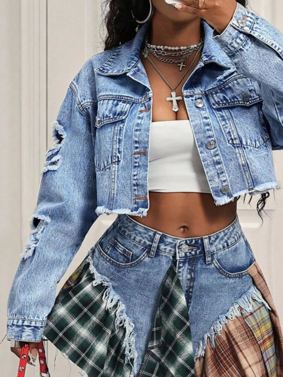 Distressed Cropped Denim Jacket Trendsi