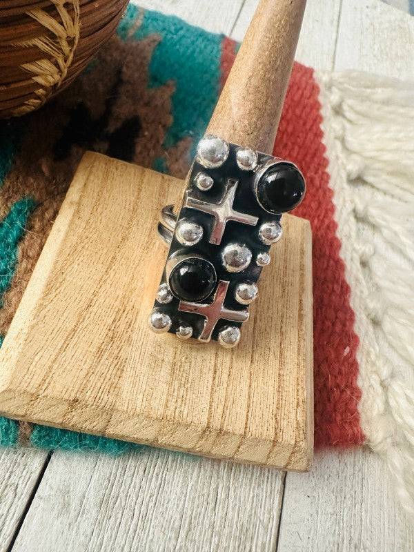 Navajo Onyx & Sterling Silver Cross Ring Chimney