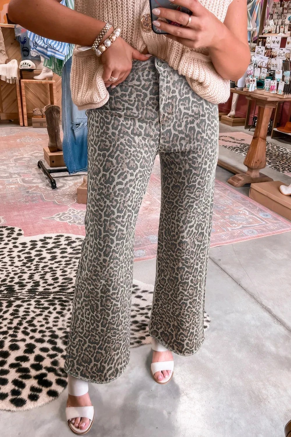 Leopard Frayed Edge Wide Leg High Waist Jeans