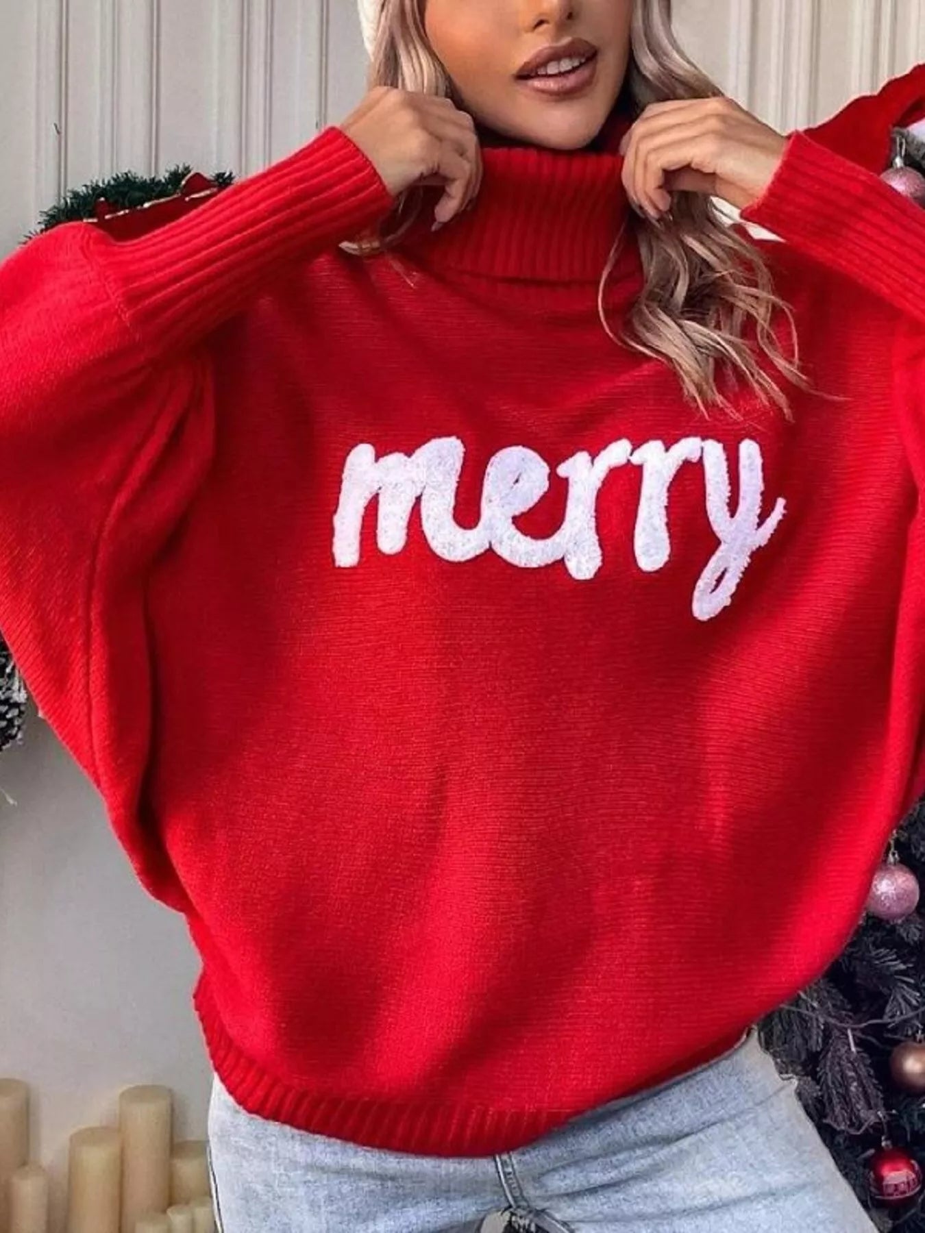 Merry Turtleneck Long Sleeve Christmas Sweater Trendsi