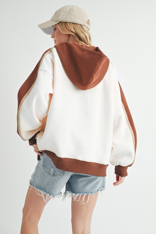 Aemi + Co Color Block Kangaroo Pocketed Hoodie Trendsi
