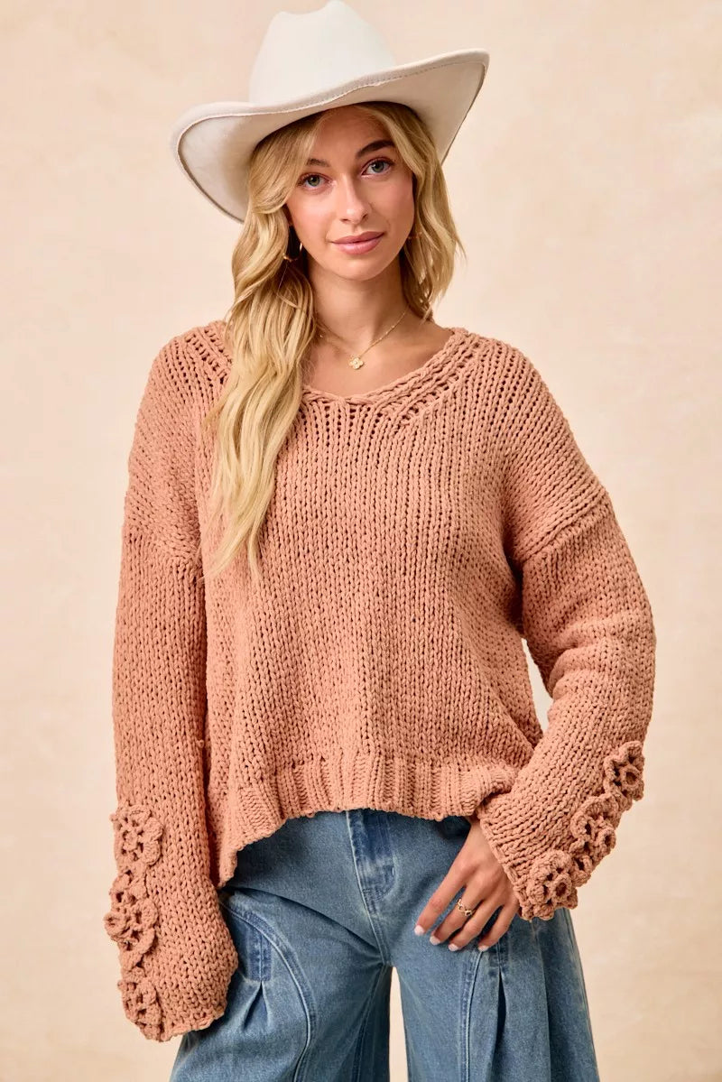 BiBi Chunky Knit Sweater with Flower Detail Sleeves Trendsi