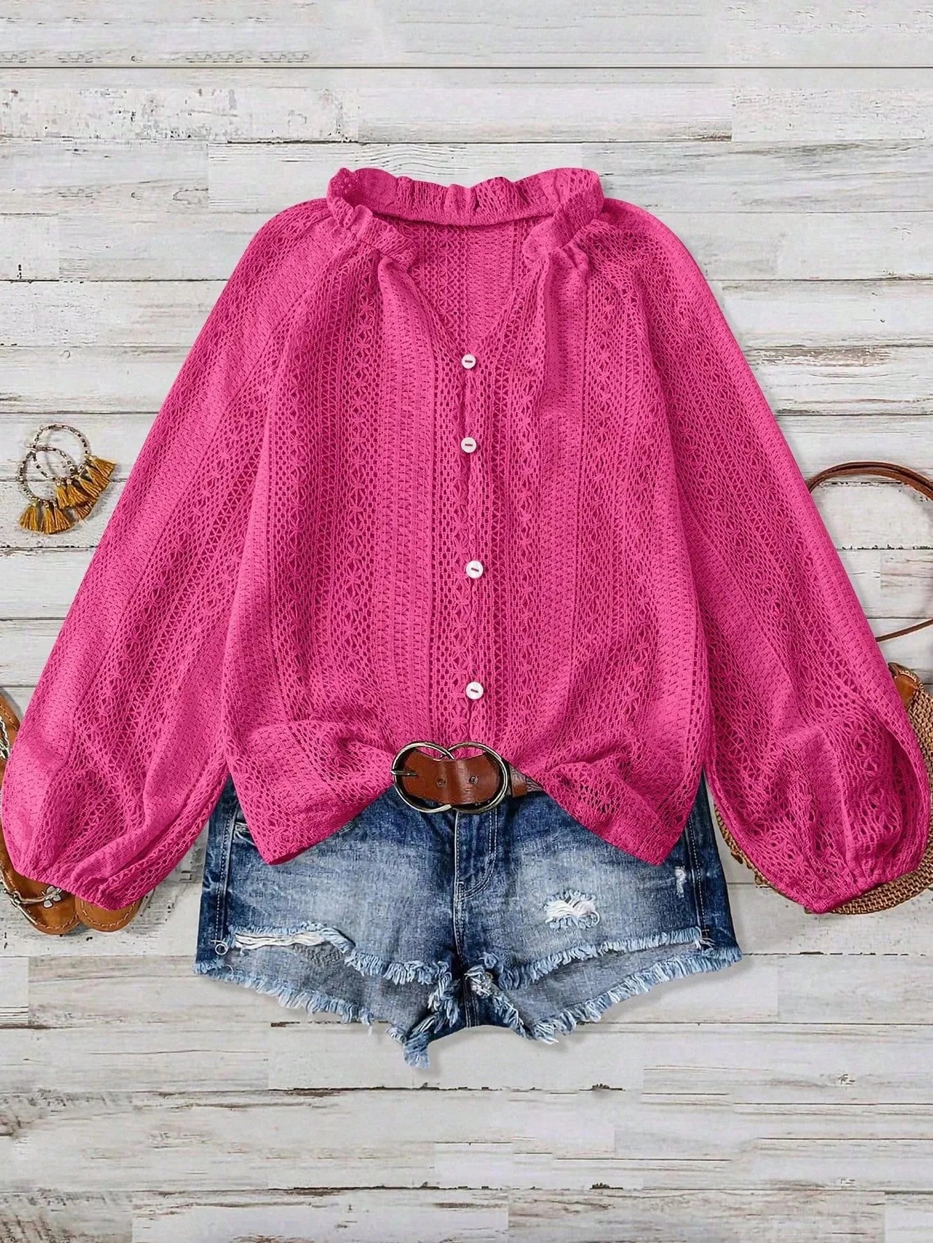 Lace Notched Long Sleeve Shirt