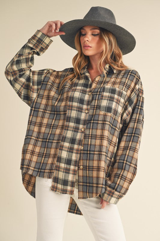Frayed Hem Plaid Button Up Flannel Shirt