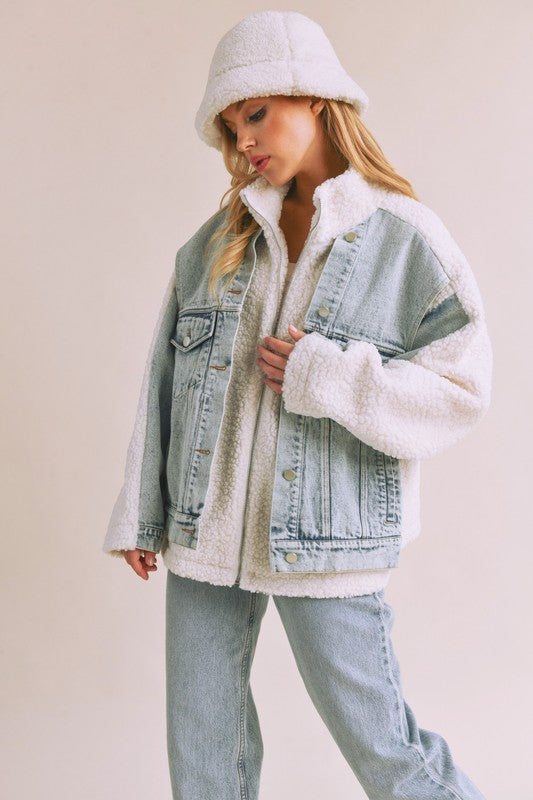 Denim Washed Drop Shoulder Sherpa Fake Two Pieces Jacket