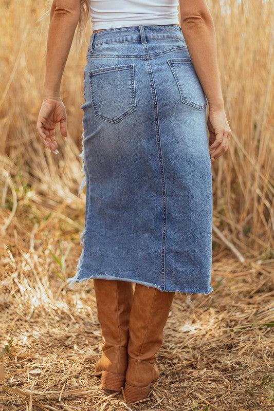 Denim Distressed Midi Skirt JUNIPER BLVD