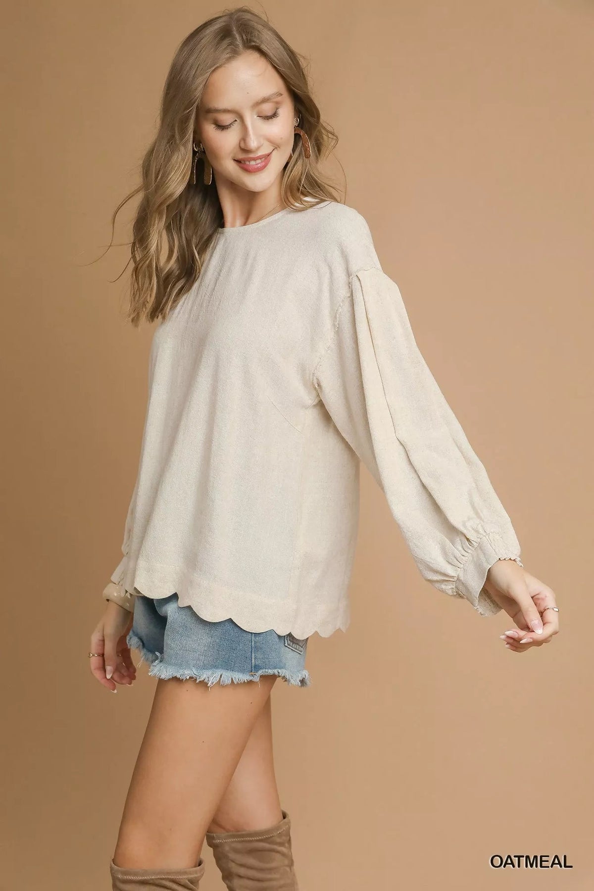 Umgee Linen Scallop Hem Long Sleeve Blouse Trendsi