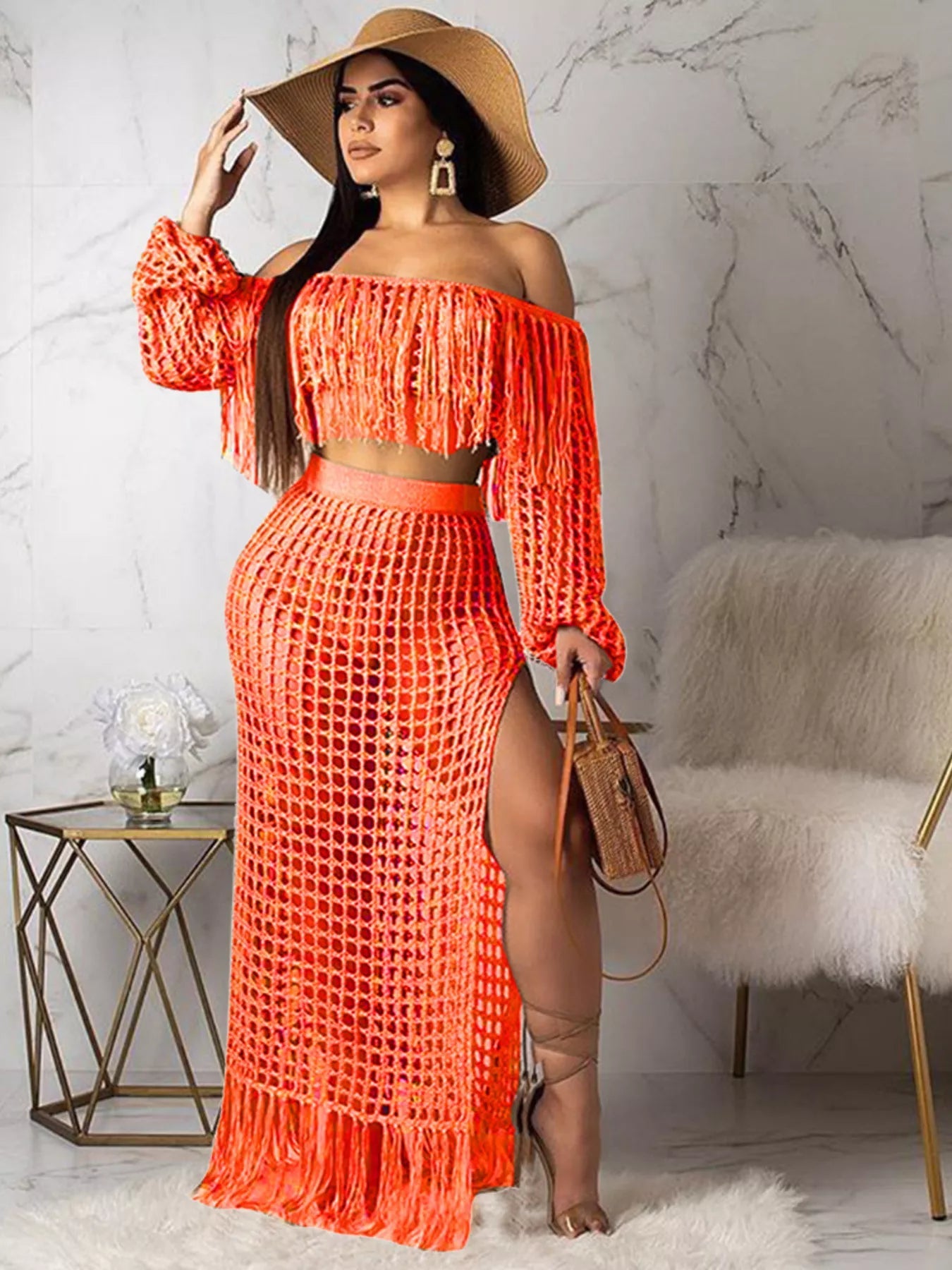 Full Size Crochet Off-Shoulder Fringe Top and Skirt Set Plus Size Trendsi