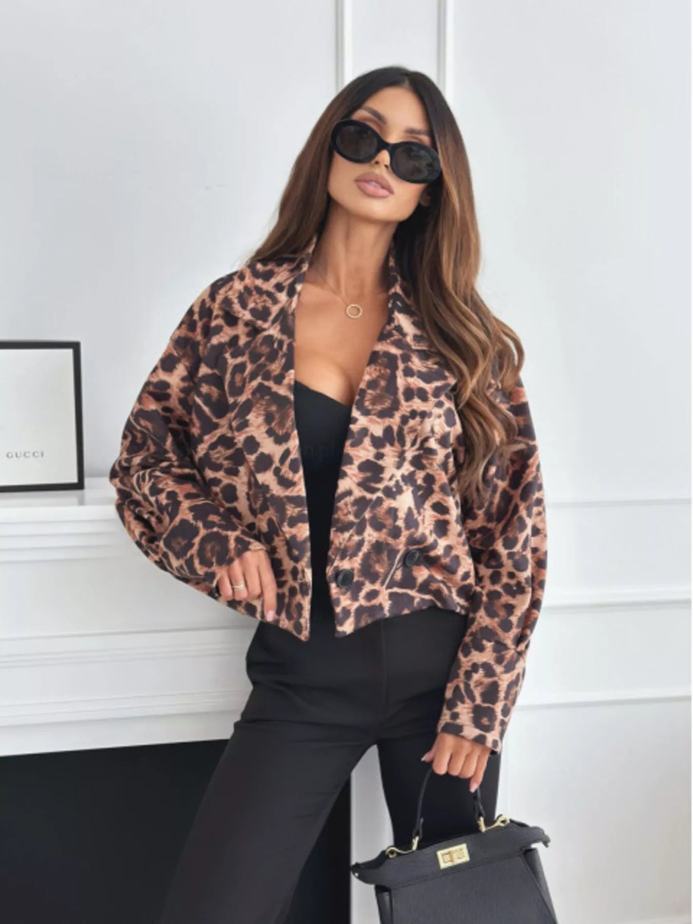 Leopard Print Cropped Blazer Trendsi