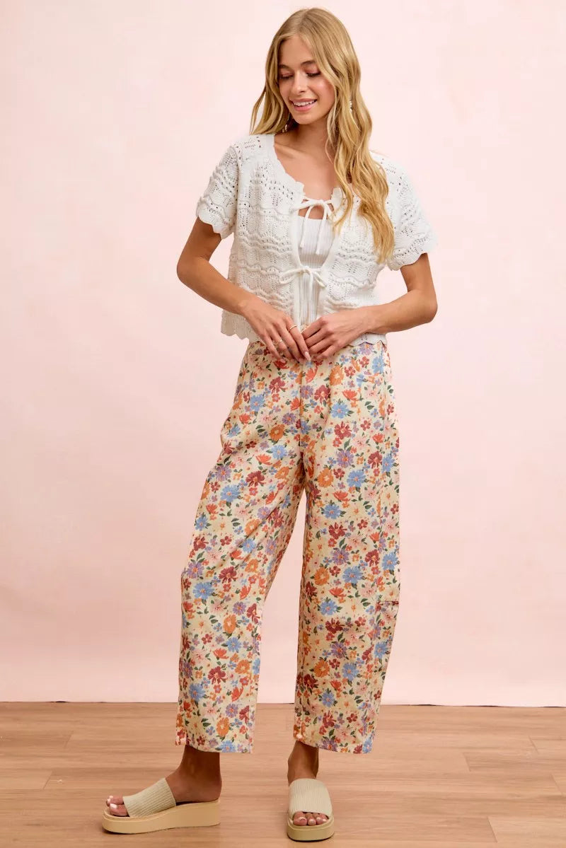 BiBi Washed Floral Printed Twill Barrel Pants Trendsi