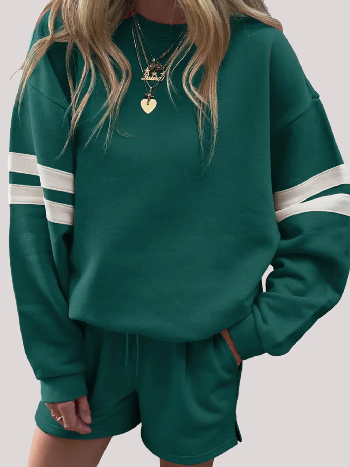 Stripe Round Neck Sweatshirt and Shorts Set Trendsi