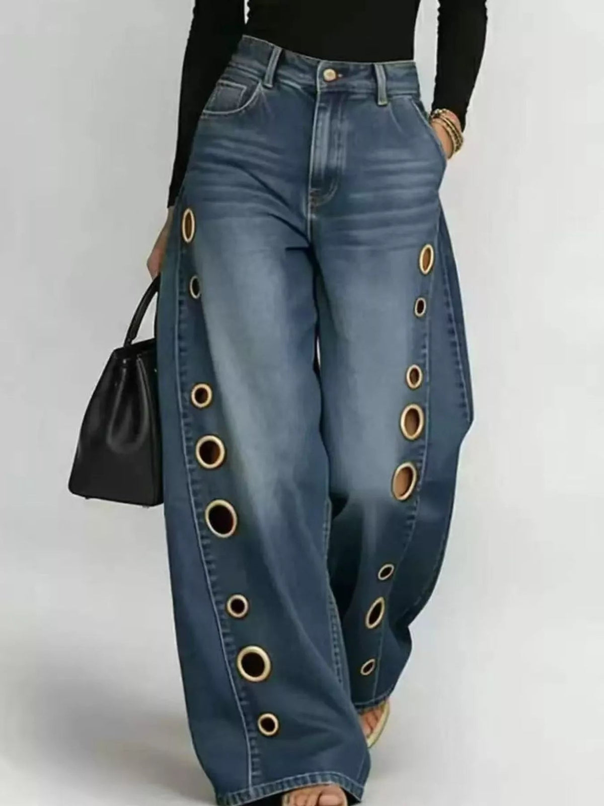 Wide Leg Jeans with Eyelet Details Trendsi
