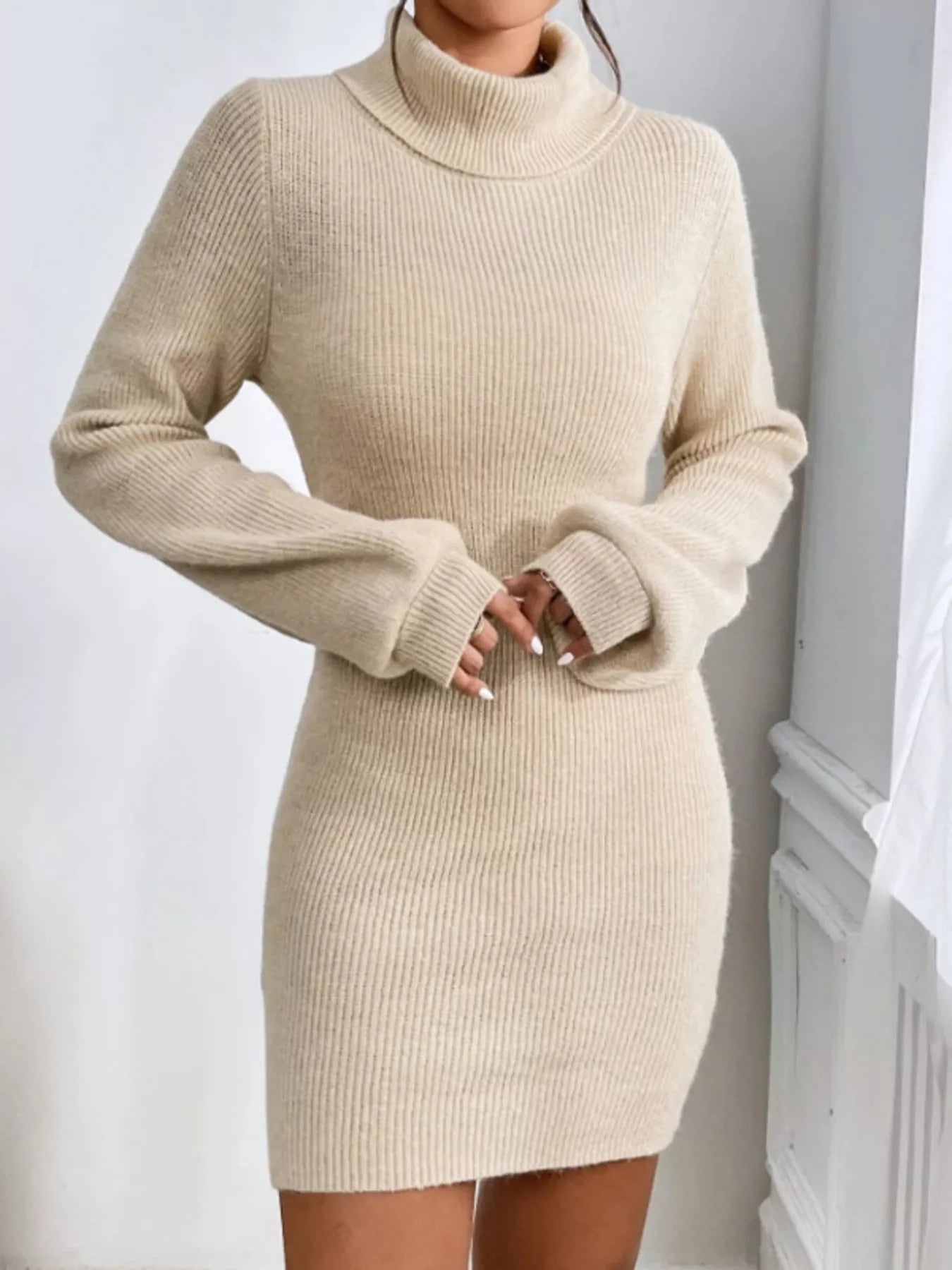 Turtleneck Ribbed Knit Sweater Dress Trendsi