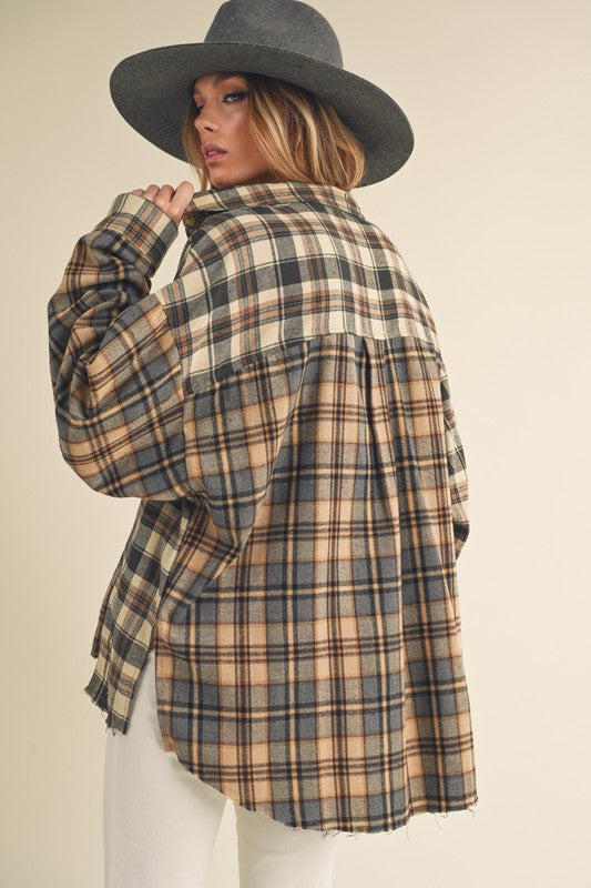 Frayed Hem Plaid Button Up Flannel Shirt