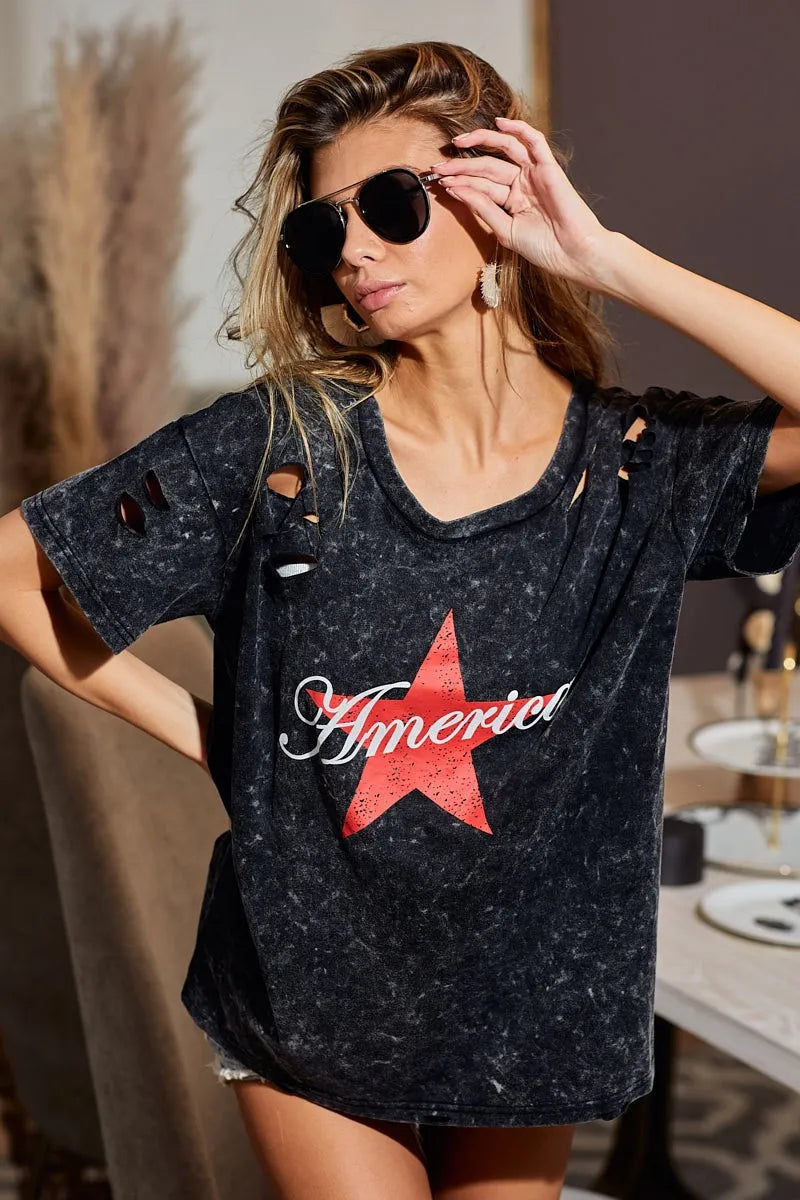 BiBi Laser Cut Mineral Washed Jersey Top with America Trendsi
