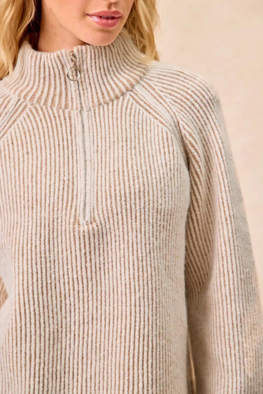 BiBi Two Tone Rib Texured Knit Collared Top with Zip Up Trendsi