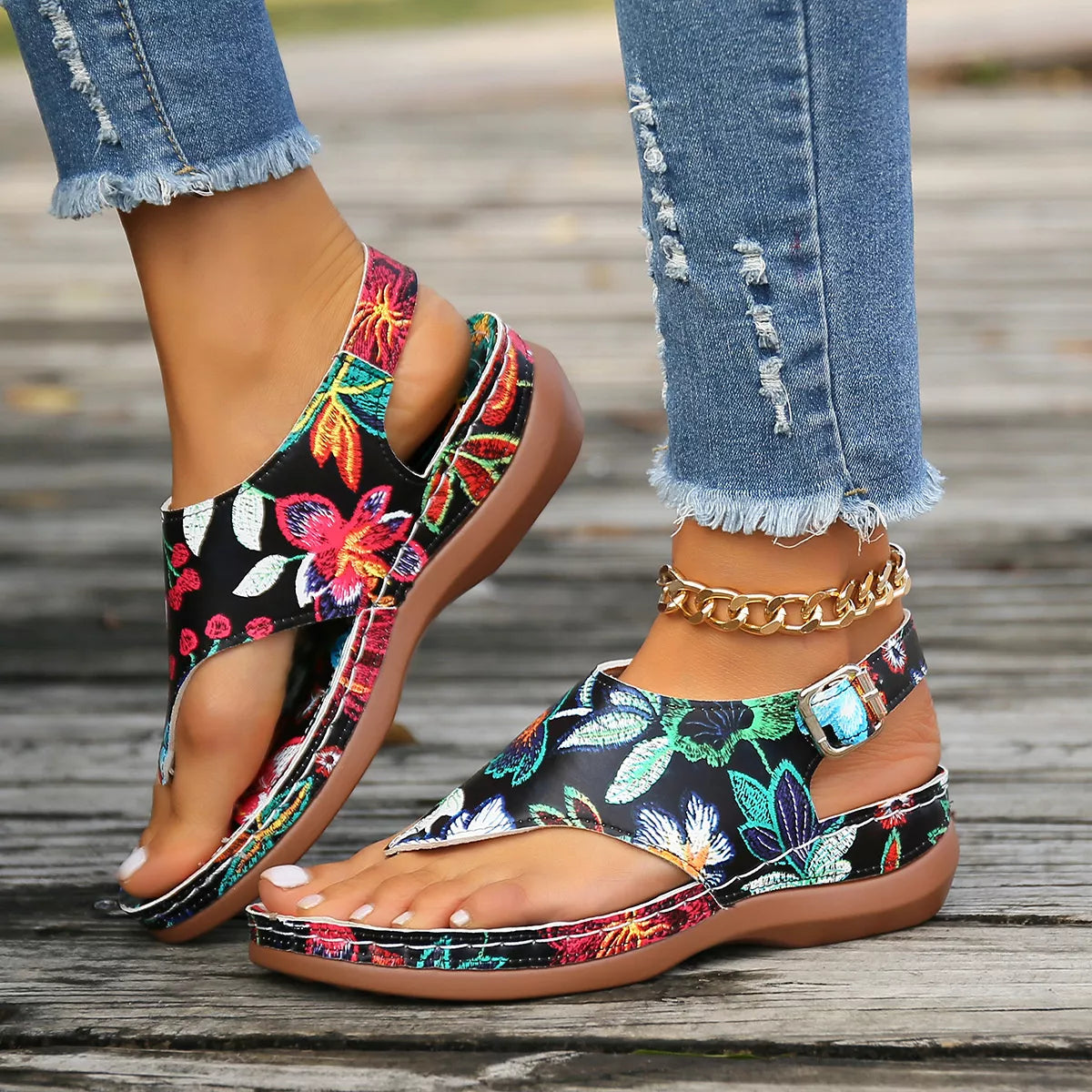 Floral Thong Wedge Sandals Trendsi