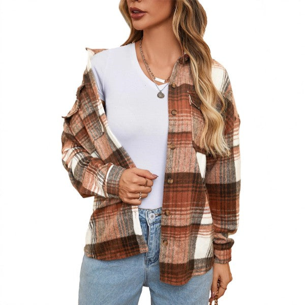 Brown Plaid Flap Pockets Shacket YNIQUE